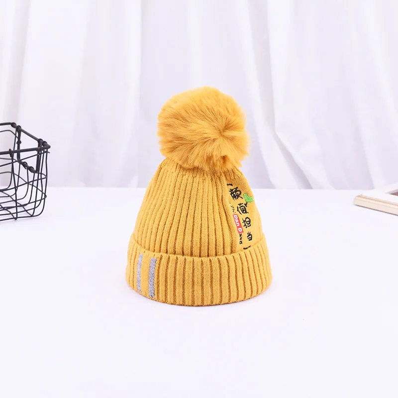 Yellow Модная вязаная шапка с китайской вышивкой для маленьких мальчиков и девочек; Милая шапка для маленьких мальчиков и девочек; теплая шапка для детей; сезон осень-зима - Цвет: Yellow