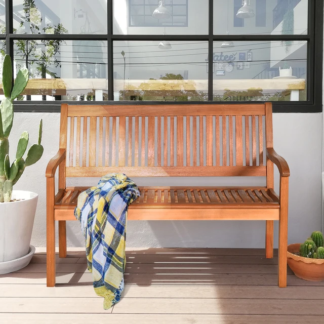 hacer clic Marca comercial importante Banco de madera con respaldo curvo y reposabrazos anchos para 2 personas, Banco  de jardín para terraza, piscina y balcón, 126x63x91CM _ - AliExpress Mobile