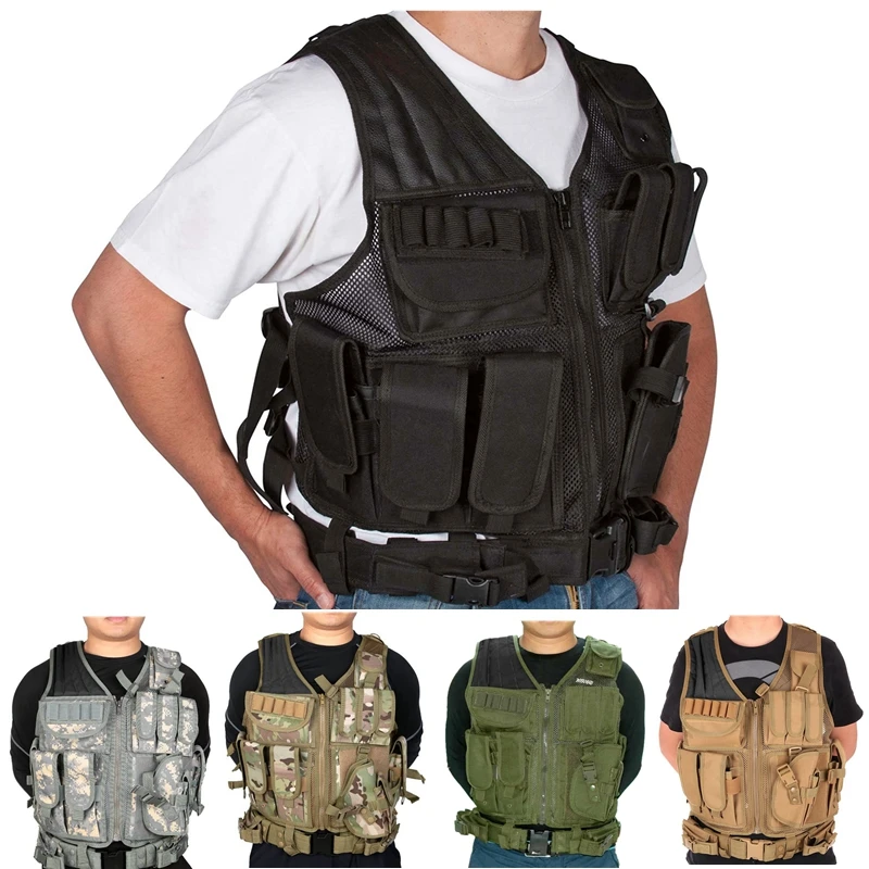 GNNFIC Tactical Vest Outdoor Training Mollle Men Vest with Holster Adjustable for Combat Training and Military Fans,Hunting 