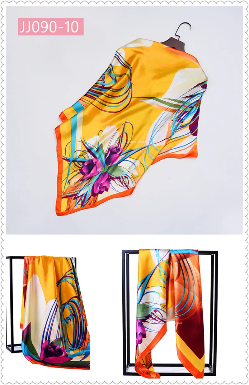 90*90 см квадратный шарф для женщин, подходит ко всему, элегантные цветочные шарфы для волос, Женская бандана, весна-осень, атласные шелковые шарфы, шаль