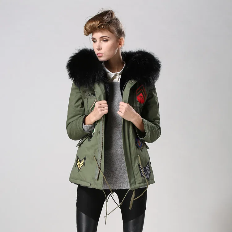

From the Stars You Hyun Celebrity Style Parka Black And White with Pattern Oversized Genuine Fur Collar Cotton Overcoat Women's