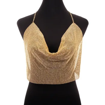 

OUSHANG gold Brilliant Rhinestone Backless Party Crop Top Women 2020 Summer Deep V Neck Night Club Diamonds Metal Tank Tops