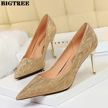 

BIGTREE Fashion Sexy Banquet Heels Nv Dan Xie Metal with Fine Heels Shallow Mouth Tip Shoes