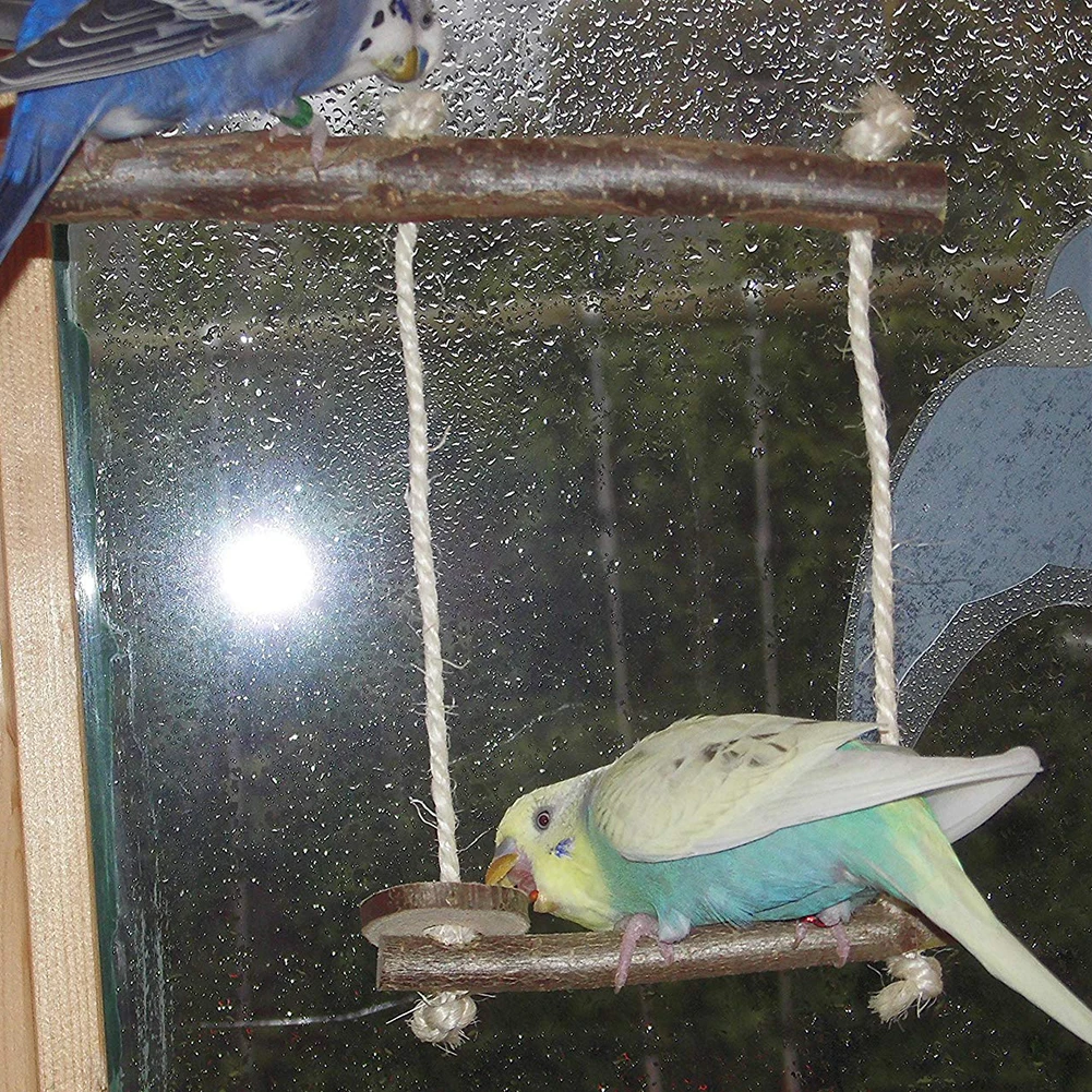 Pets Bird Parrot Wooden Stand Perch Cotton Rope Hanging Cage Swing Chew Toy