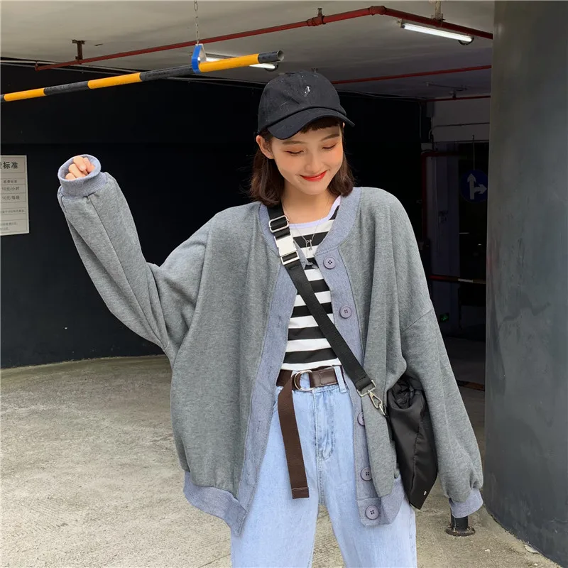Solid Color Cardigan Long Sleeve Woolen Jacket Women's Autumn New Style Korean-style Loose Casual Students Baseball Top