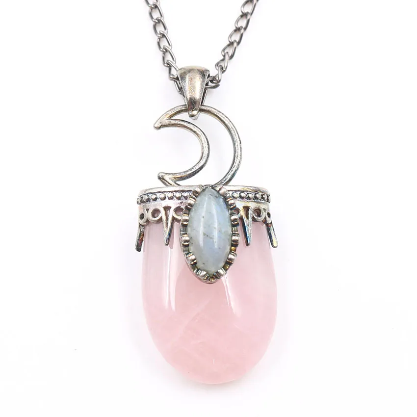 

FYJS Unique Silver Plated Vintage Oval Shape Rose Pink Quartz Pendant Crescent Moon Necklace Labradorite Stone Jewelry