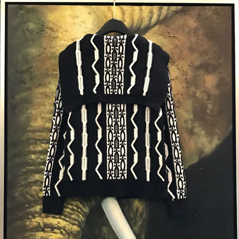 Navy Collar Striped Jacquard Knit Sweater Women Large Lapel Single Breasted Cardigan Autumn Vintage Pockets Casual Jersey Jacket