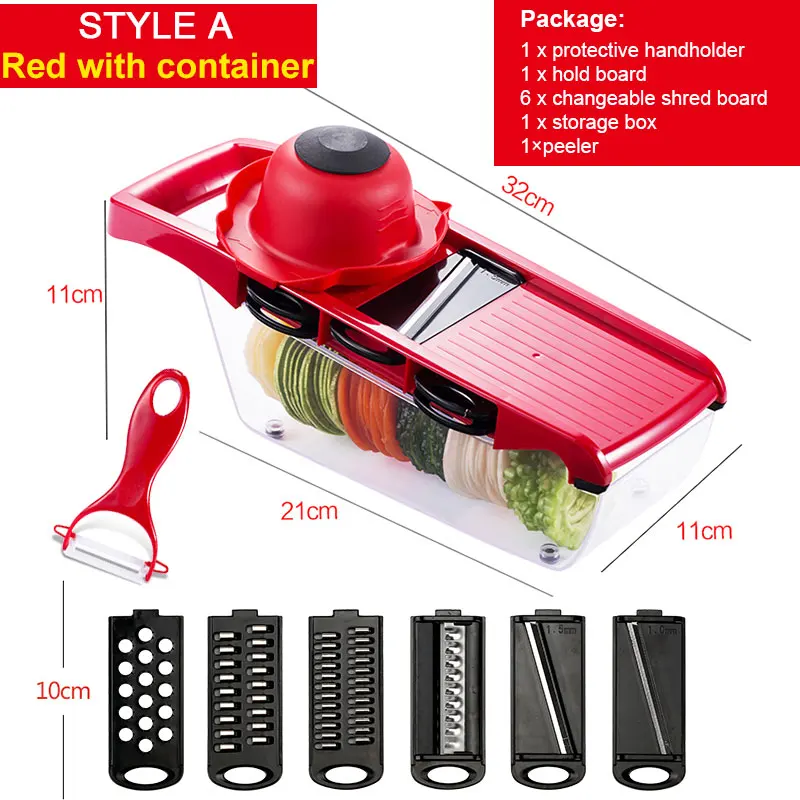 red with box Картофель овощечистка ручной, для овощей резки машина со стальным лезвием морковь шлифовальный станок мандолин овощерезка кухонные аксессуары - Цвет: red with box