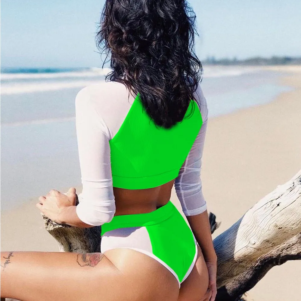 Long-sleeve Mesh Fabric Bikini Women's High Waist Swimsuit Suit Sexy Thong Stitching Push-ups Swimwear Ladies 2020 New Biquini Long-sleeve Mesh Fabric Bikini Women's High Waist Swimsuit Suit Sexy Thong Stitching Push-ups Swimwear Ladies 2020 New Biquini