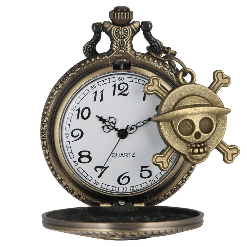 Classic One Piece Pattern Pocket Watch for Men Big Round Dial Clock for Women Retro Bronze Slim Chain Pendant relogio de bolso