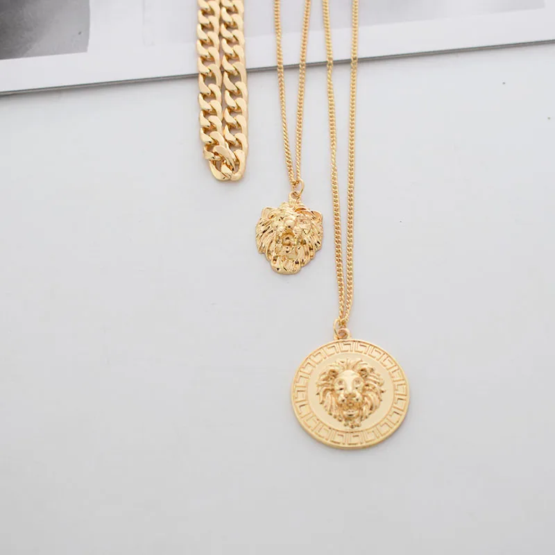 Ожерелье в стиле панк, металлический, золотой, многослойный из цепочек, с рисунком льва, круглый магнит для монет, ожерелье для женщин, вечерние