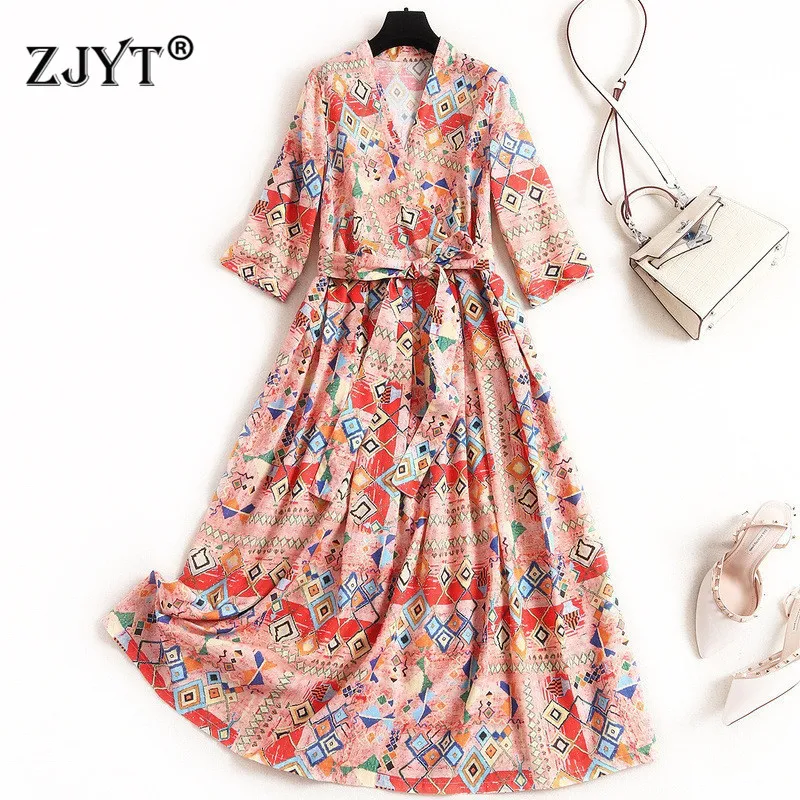 

Spring Summer Dress Women 2020 New Fashion Woman Clothes V Neck Lace Up Cartoon Print Aline Mid Calf Casual Cotton Linen Dress