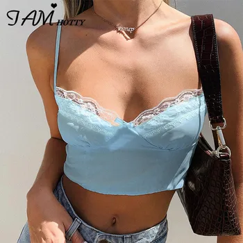 

Iamhotty Sexy Lace Patchwork Milkmaid Crop Top Women 90s Aesthetic Vintage Spaghetti Strap Tops Ladies Korean Harajuku Clothing