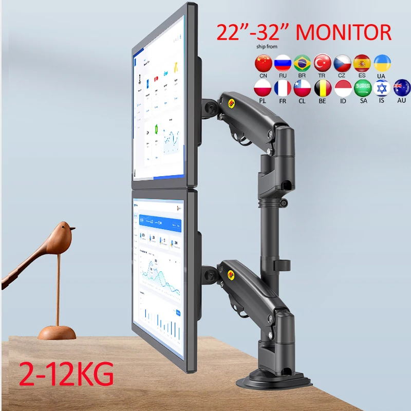 NEW NB QI H180 22&quot-32&quotDouble monitor desk Holder Arm Gas Spring Full Motion LCD TV Mount 2-12kg ergonomica dual arm |