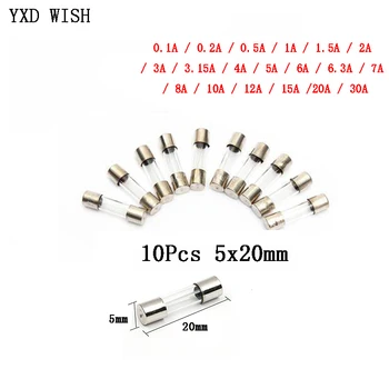 

10Pcs 5x20mm Glass Tube Fuse Assorted Kit 1A 2A 3A 4A 5A 6A 8A 10A 12A 15A 20A 30A 250V 5*20 mm Fast Blow Glass Fuses 0.1A 0.2A