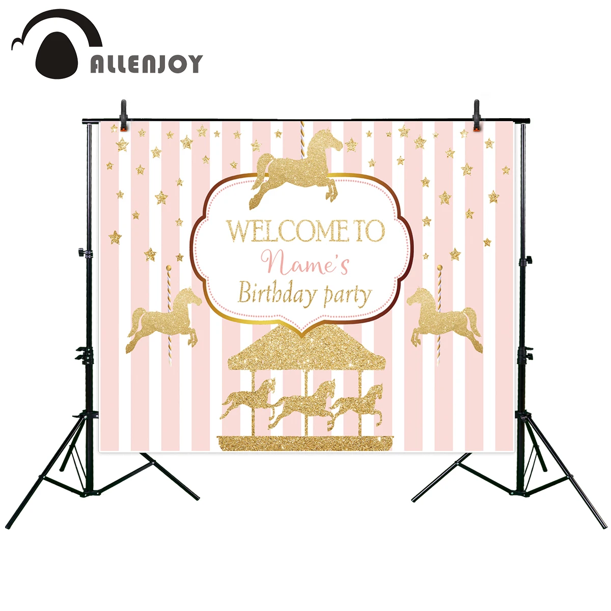 Allenjoy Amusement Park Theme Background Birthday Golden Carousel Sparkly Stars Photophone Striped Girls Party Backdrops Decor | Дом и сад