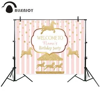 

Allenjoy Amusement Park Theme Background Birthday Golden Carousel Sparkly Stars Photophone Striped Girls Party Backdrops Decor