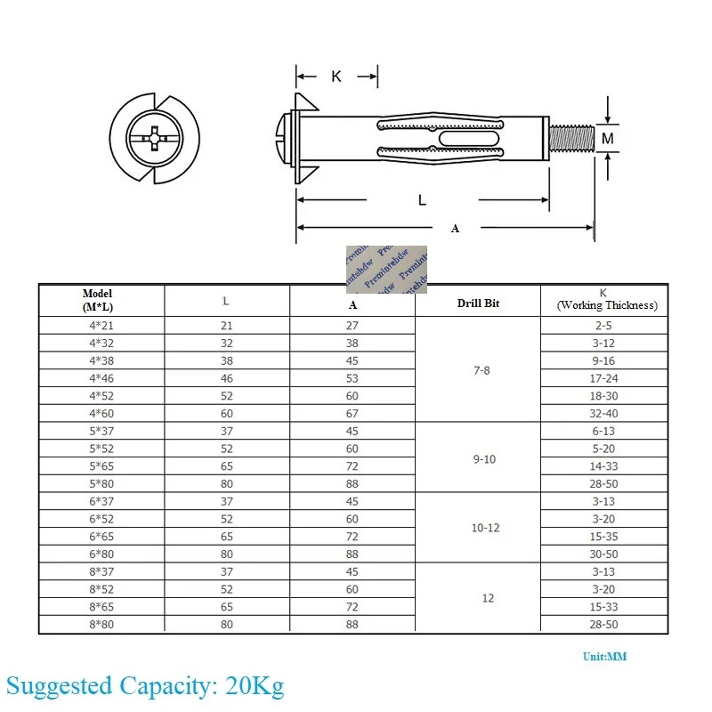 20Pcs Zinc Plated Steel Bolt Hollow Wall Anchor Screws For Cavity Drywall Plasterboard Tile