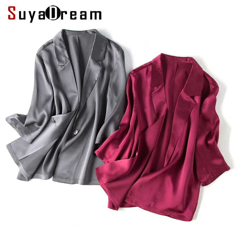 

Women Silk Blazer 100%Silk Solid 3/4 Sleeved Single Button Office Lady Blazer 2019 NEW Fall Winter Out wear
