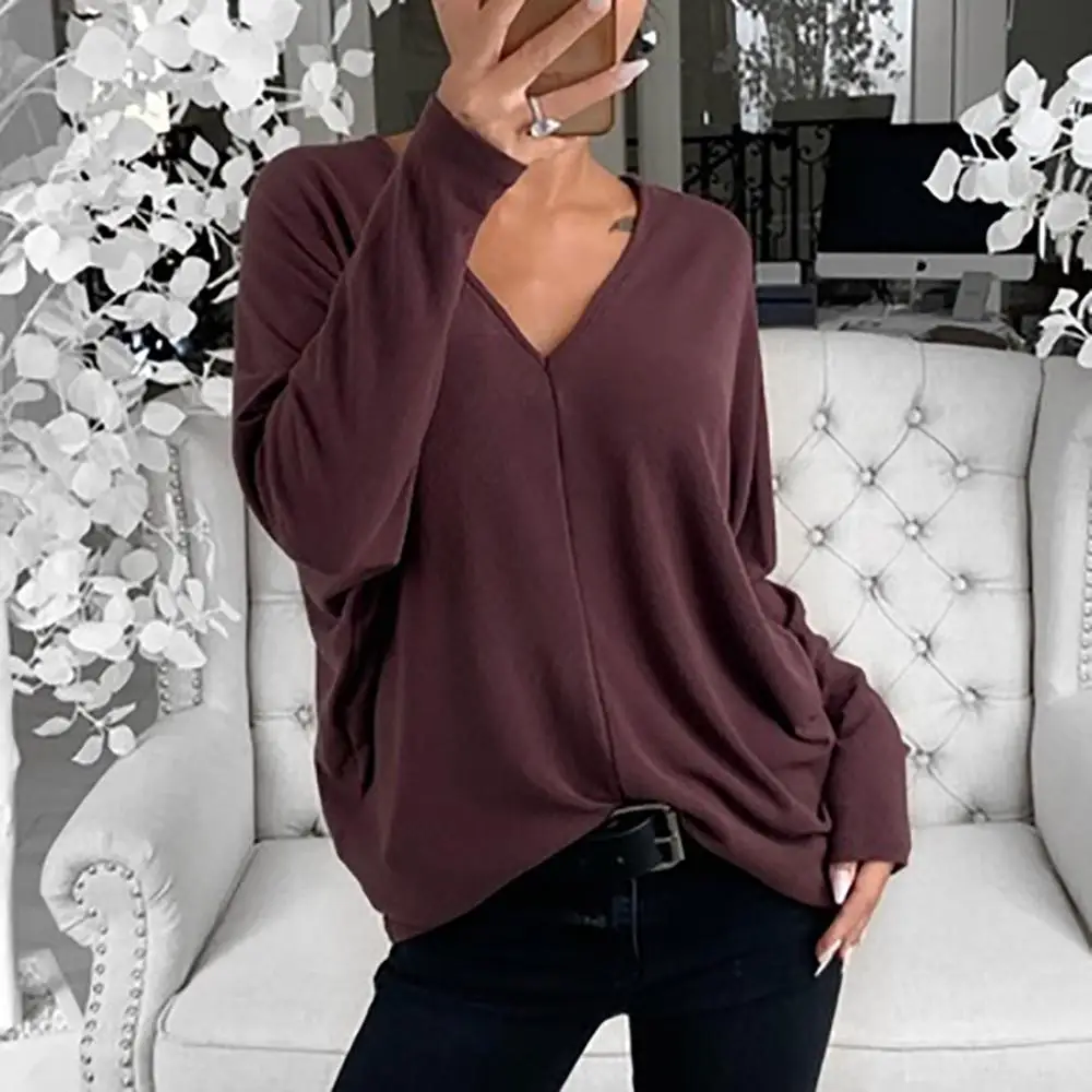 

Women Blouse PLUS SIZE Ladies Loose Solid V-neck Long Sleeve Blouse Pullover Red Tops dames blouses lange mouwen W#