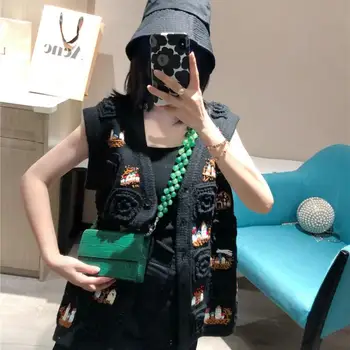 

High Quality Women Spring Vintage Knit Embroidery Sweater 2020 New Handmade Crochet Wool Vest Cardigan Black Coat Clothes