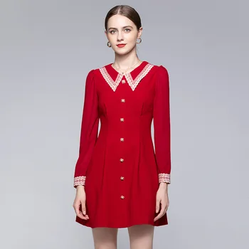 

Mini Red Dress Women 2020 Autumn WInter Embroidered Turn Down Collar Long Sleeved Pearl Single Breasted Slim A-Line Clothes S-XL
