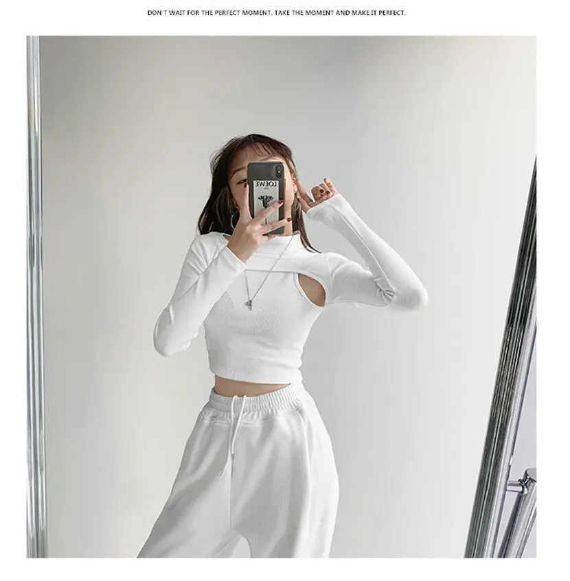 Hollow Knitted Crop Tops Women New Fitness Fake Two-piece T-shirt Female Black White Long Sleeve Tops vintage tees