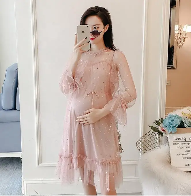 9904pink Осеннее кружевное платье для беременных с длинными рукавами-фонариками, Сетчатое Плиссированное шифоновое платье в стиле пэчворк Милое Платье До Колена для беременных женщин - Цвет: 9904pink
