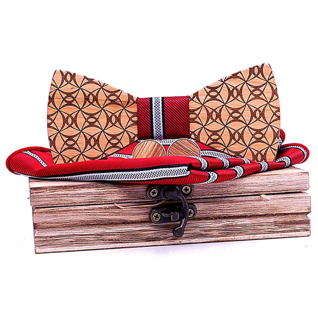 Manual Wooden Bow Tie Handkerchief Set Men's Bowtie Wood Hollow Carved And Box - Цвет: C