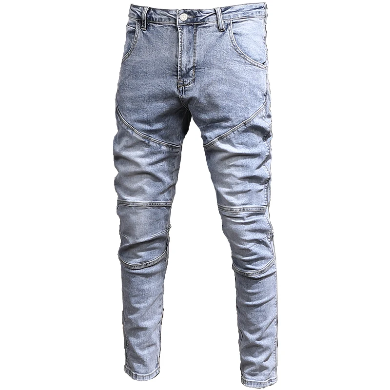 Casual Light Blue Spliced Jeans Men Streetwear Moto Biker Cotton Slim Fit Denim Pants