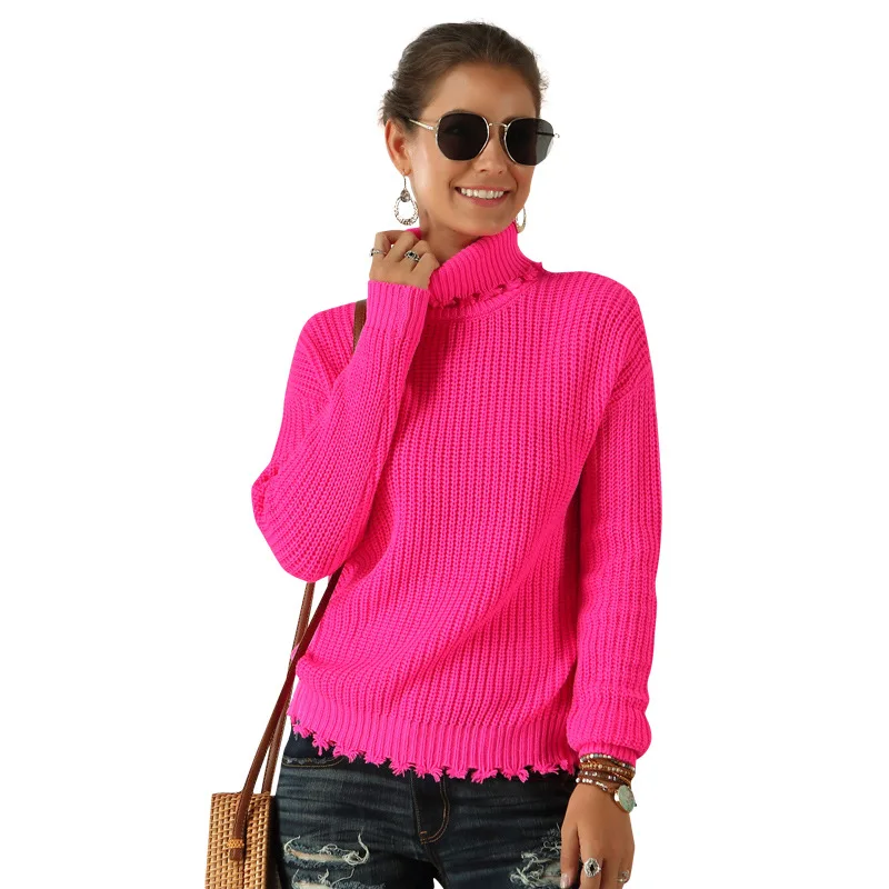 

Autumn Women Turtleneck Ribbed Sweaters Long Sleeve Fluorescent Color Pullovers 2019 Spring Slim Solid Color Mujer Warm Sweaters
