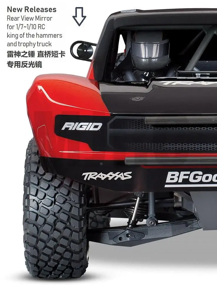 Rétroviseurs simulés pour Traxxas UDR et Axial 90048, détails de fixation et finition mate.
