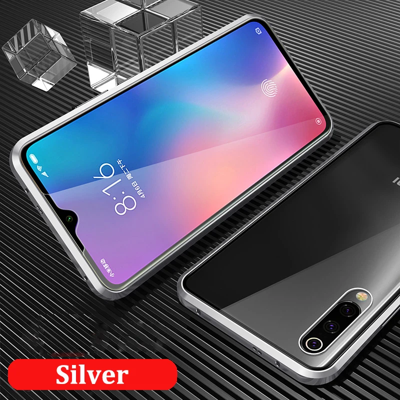 Silver Auroras для xiaomi mi 9 Lite чехол с магнитной адсорбцией металлический бампер+ закаленное стекло задняя крышка для xiaomi mi 9 lite флип Fundas - Цвет: Silver