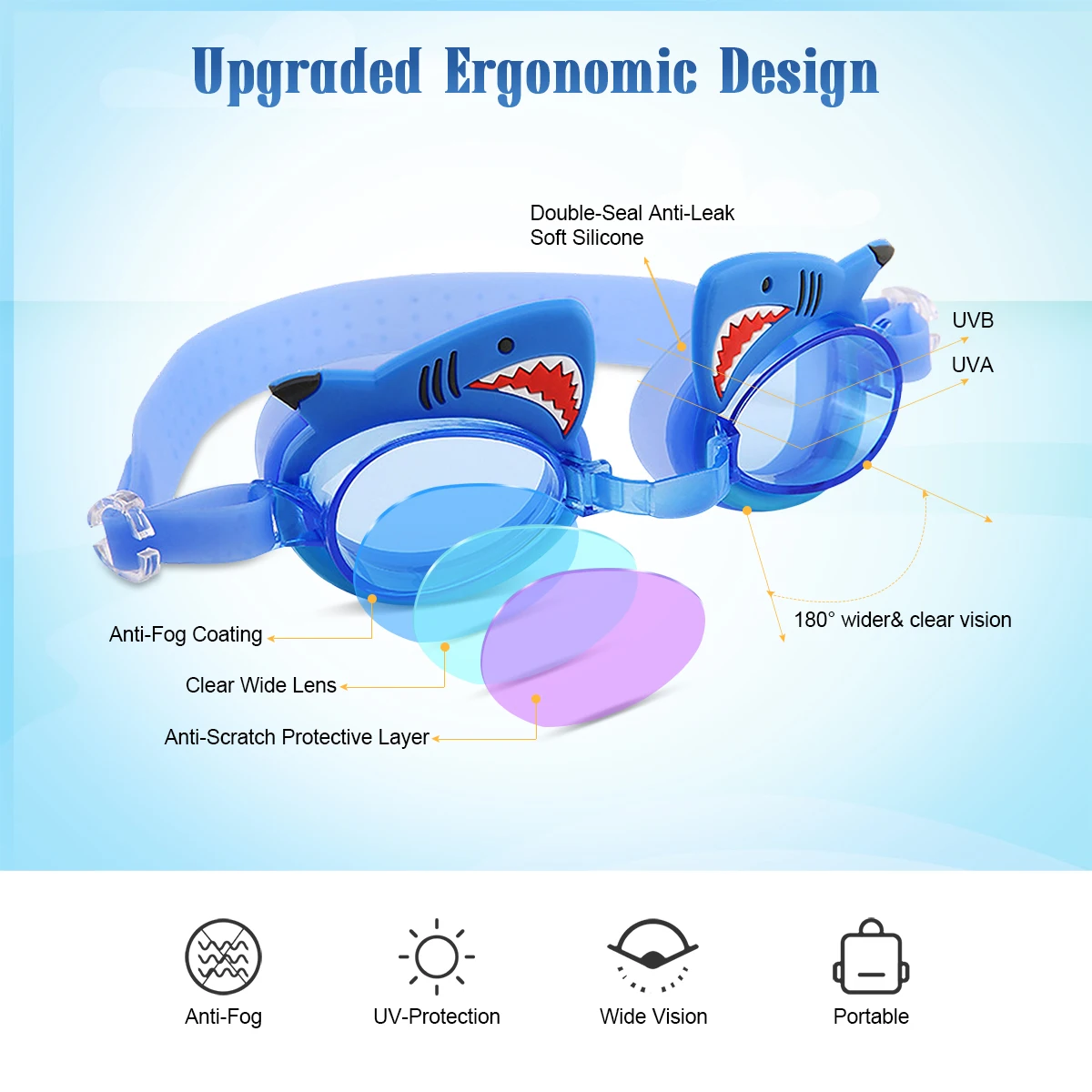 Swimming Accessories Kids Anti UV Shark Swimming Goggles Swimming Cap Silicone Nose Clip with Storage Bag for Children Age 3-12