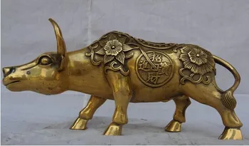 

322 11" Chinese Brass Folk Animals Year Zodiac FengShui Wealth Flower Bull Ox Statue
