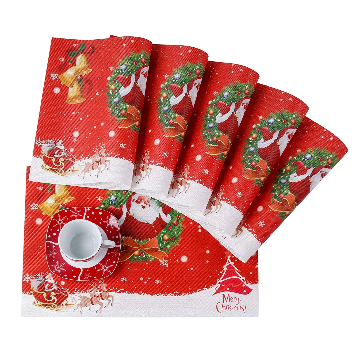 

VEWEET 6PCS Christmas Placemats Heat Resistant Waterproof Washable Crossweave Woven Vinyl PVC Dining Table Mat Placemat 45x30CM