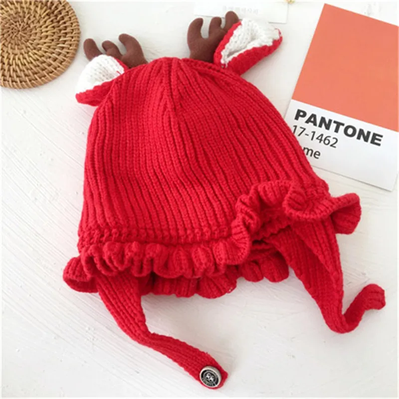 Детская шапка Skullie Beanies для мальчиков и девочек, зимняя шапка с рождественским рисунком лося, роговыми ушами, теплые эластичные модные аксессуары
