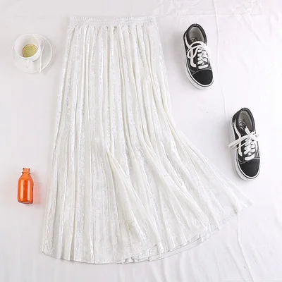 4 winter elastic stretchy high waist midi pleated a line velvet skirt for women warm thermal womens skirts ladies saia saias pink - Цвет: 4