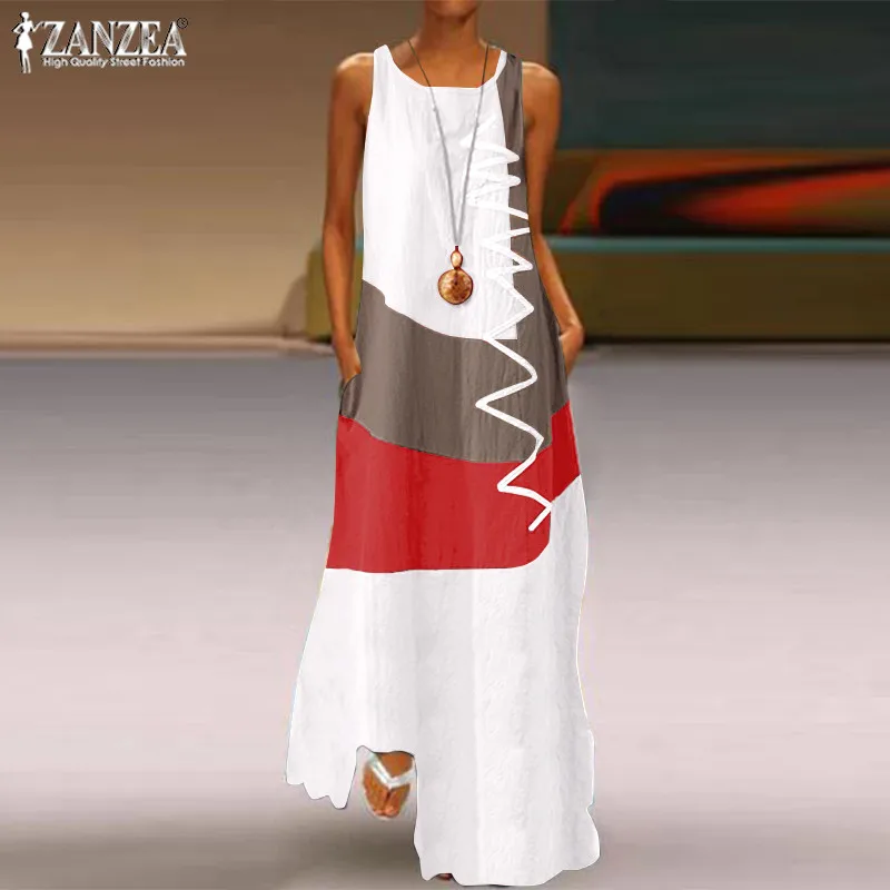 ZANZEA, винтажное платье макси с цветной строчкой, женский летний сарафан, Повседневное платье без рукавов на бретелях, женское платье с круглым вырезом