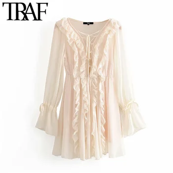 

TRAF Women Vintage Stylish Ruffles Chiffon Mini Dress Fashion V Neck Long Sleeve Drawstring Beach Female Dresses Vestidos Mujer
