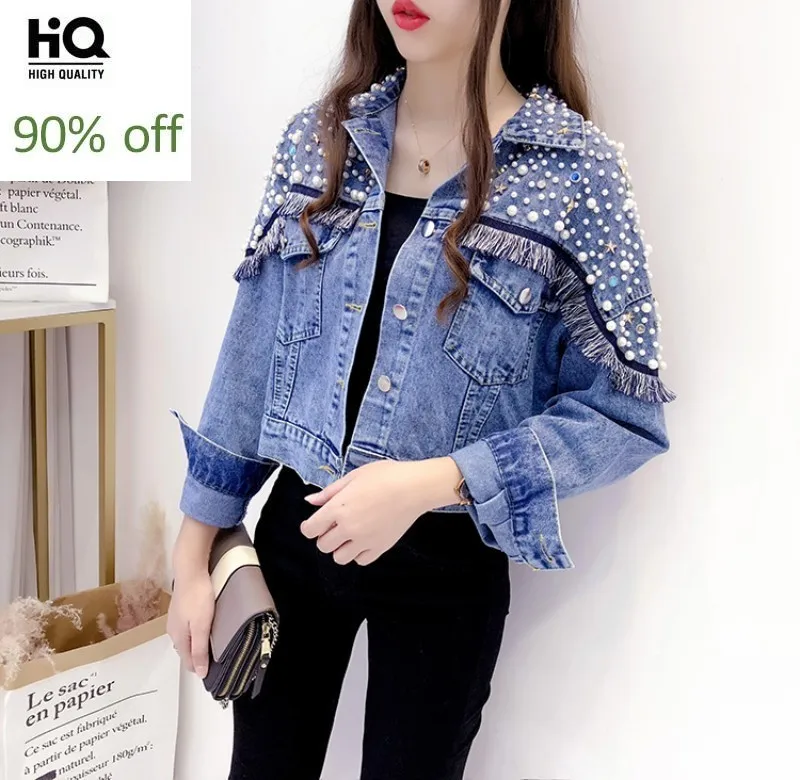 

High Street Embroidered Flares Tassel Womens Shorts Coats Fashion Casual Long Sleeve Single Breasted Lapel Female Denim Jackets