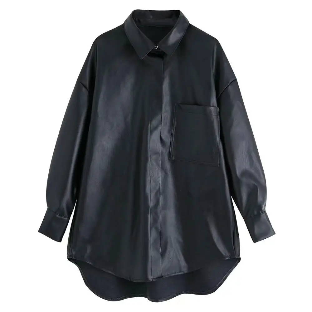 Skup 2020 nowa jesienna moda damska fałszywe Faux Leather Turn Down Collar bluzki koszule Lady Boyfriend Loose Packet eleganckimi guzikami topy