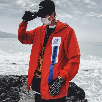 orange Harajuku Color Block Jacket Streetwear Mens Hip Hop Windbreaker Jacket Printed Street Dance Jacket Coat Autumn Summer Clothes - Цвет: orange