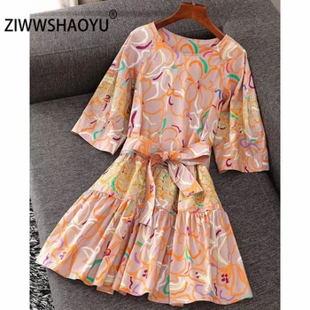 

ZIWWSHAOYU Female Fashion Summer Mini Short Dress Women's 4/3 Sleeve Bow Knot Printed Embroidery Pleat Casual Holiday Dresses