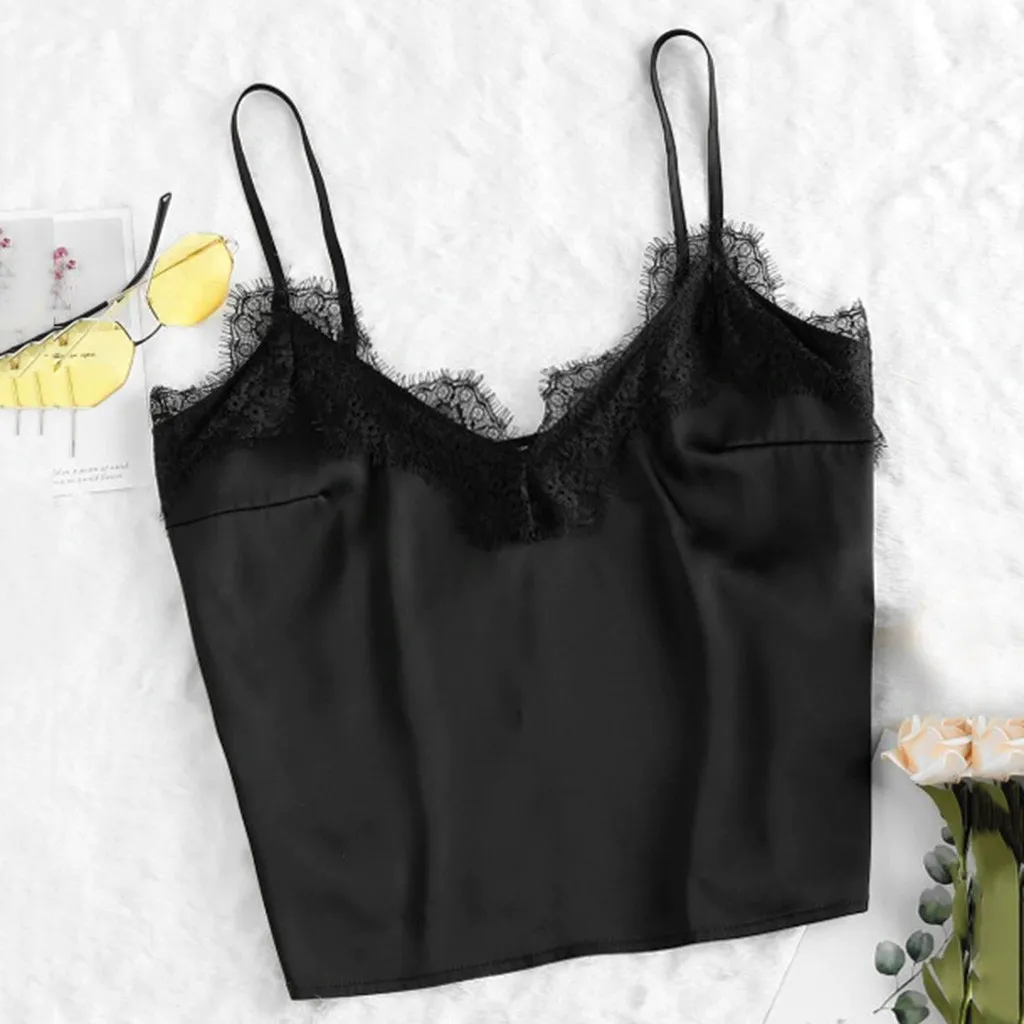 Summer Crop Top Women Clothes 2020 Sexy V Neck Adjustable Spaghetti Straps Backless Lace Trim Cami Debardeur Femme Топ | Женская