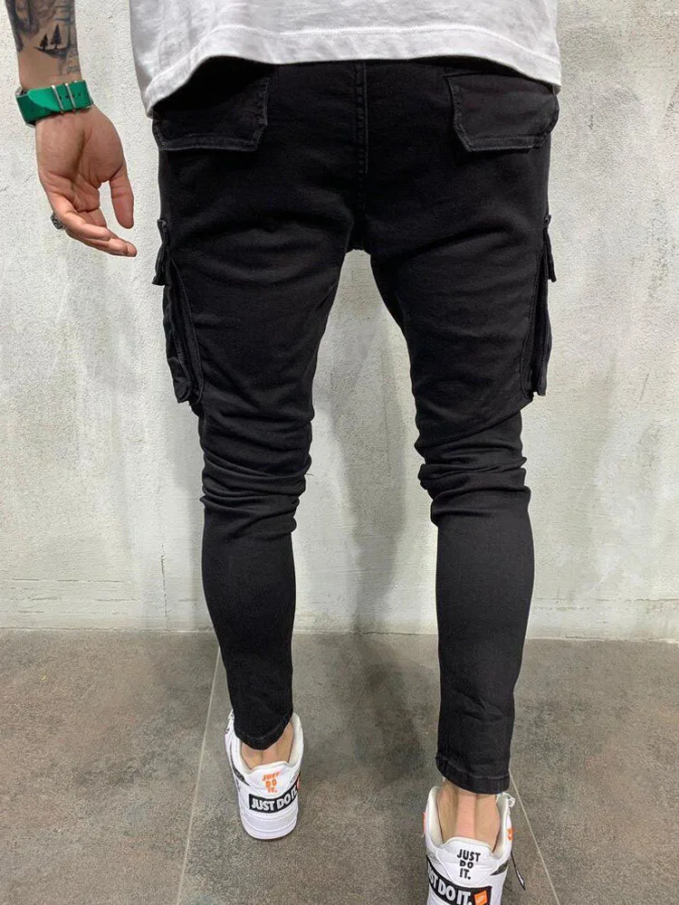 Men Stretchy Multi-pocket Skinny Ripped Jeans Men's Slim Fit Jogger Pencil Pants Fashion jeans Sweatpants Hip hop Trousers men jeans ripped jeans ripped patchwork jeans