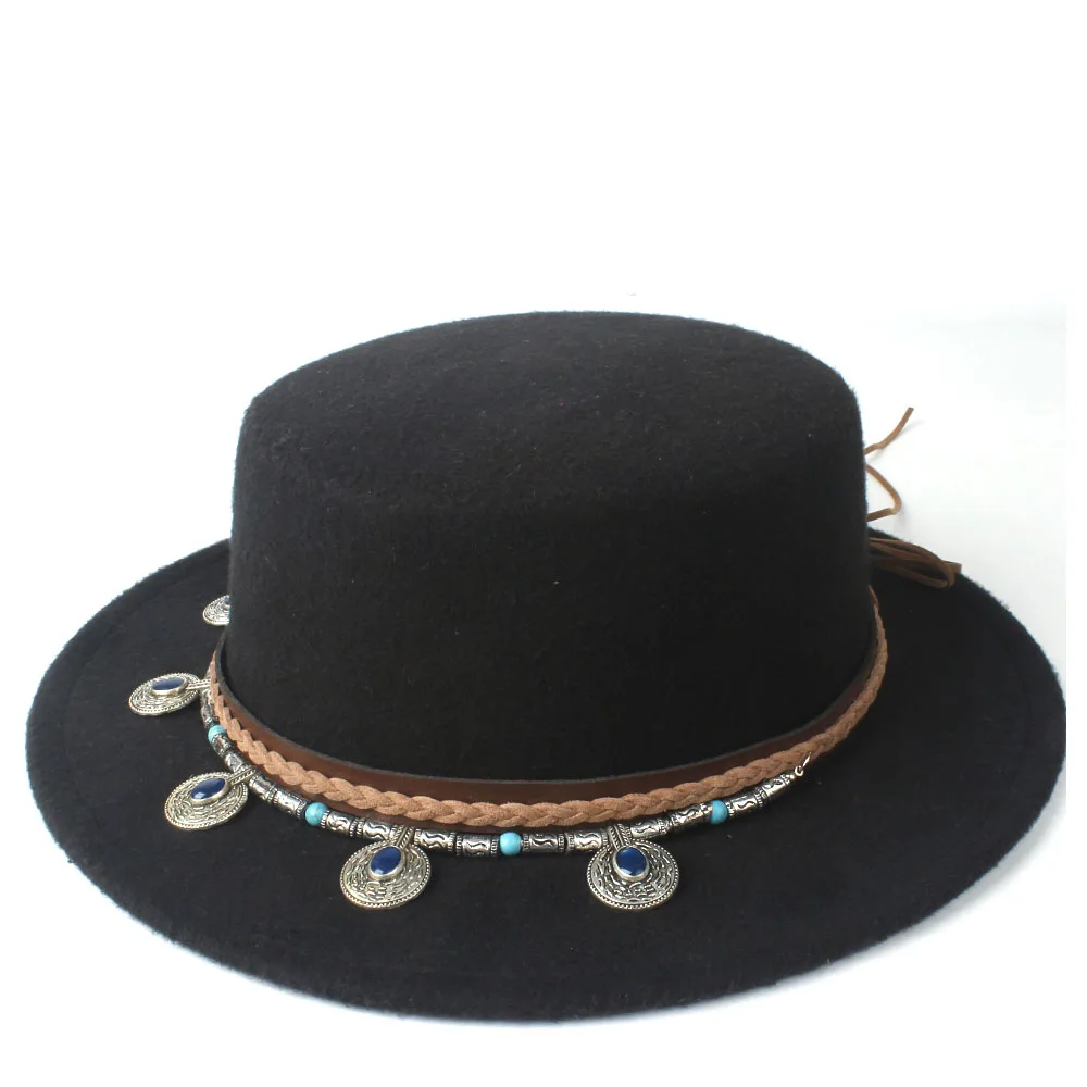 Women Fashion Flat Top Hat Wide Brim Hat Dance Party Boaters Hat Wool Homburg Trilby Hat Size 56-58CM