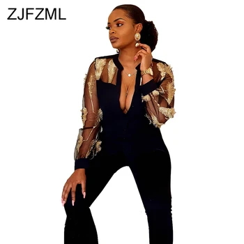 

Mesh Transparent Feather Embroidery Sexy Jumpsuit Women Long Sleeve Front Buttons Slim Black Romper Autumn Office Flare Bodysuit