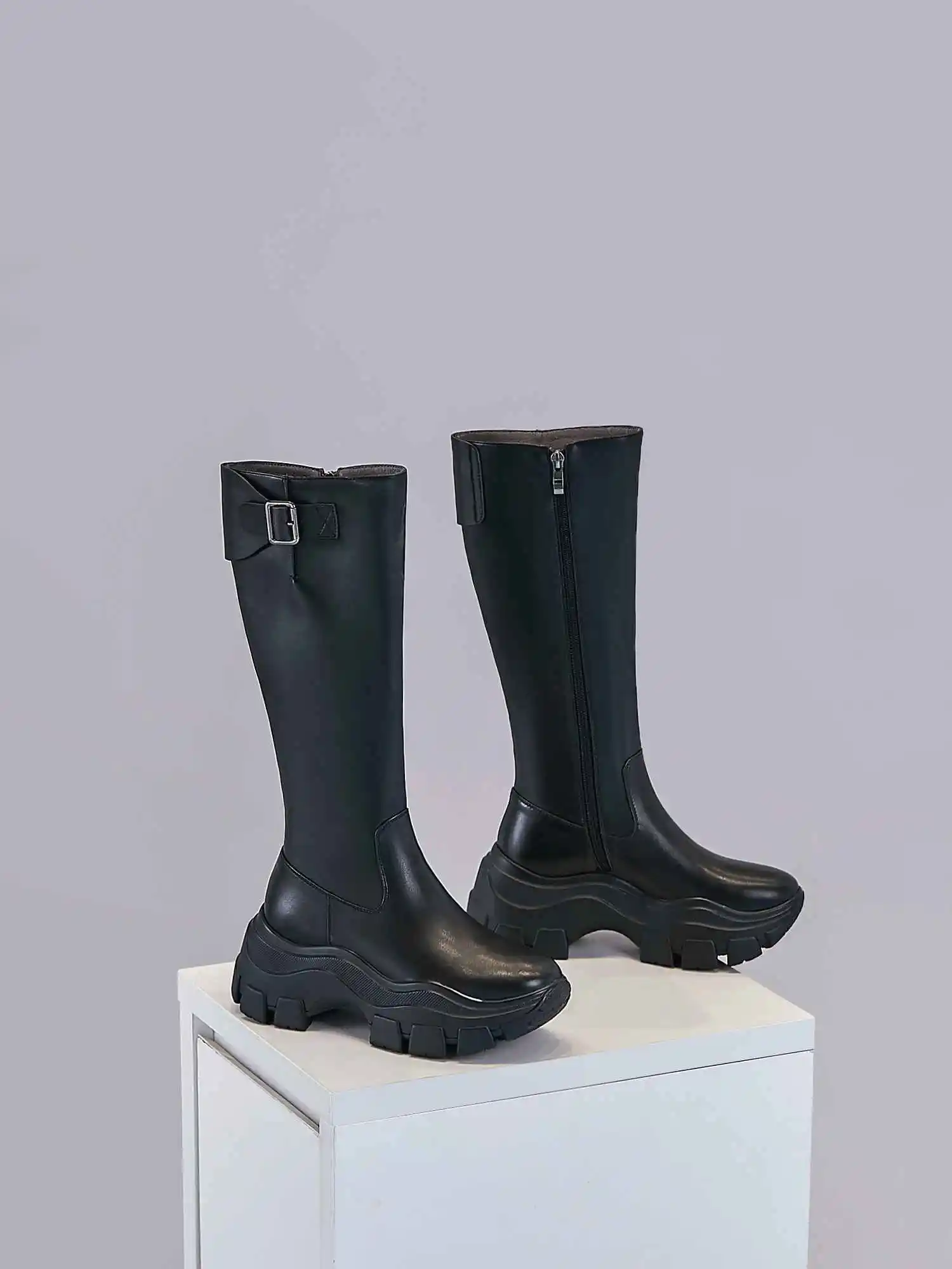Botas mujer; обувь на высоком каблуке; женские мотоциклетные ботинки из коровьей кожи на толстой подошве; металлические застежки-пряжки сохраняющие тепло сапоги