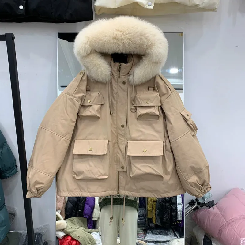 

omen Down Coat Large Natural Fox Fur Winter Thick 90% White Duck Down Parka Female Hooded Short Jacket Loose Down Outerwear Age